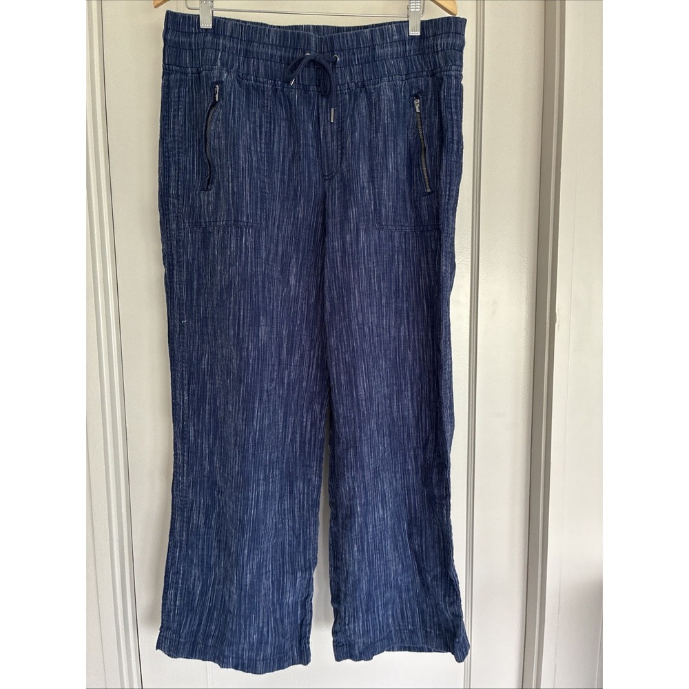 Athleta Cabo Linen Textured Wide Leg Pants Womens 14 Blue Relaxed 100% Linen